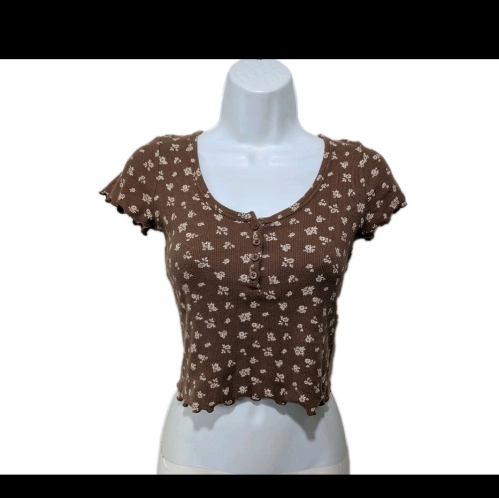 Hollister Babydoll Henley Tee T Shirt Top XS Brown Cottagecore 90s Y2K #2010